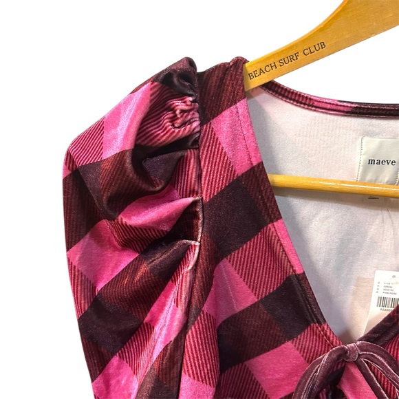 NWT MAEVE Anthropologie Velvet Babydoll Top in Rose Plaid Sz XS LS Puff Sleeves - Picture 4 of 10